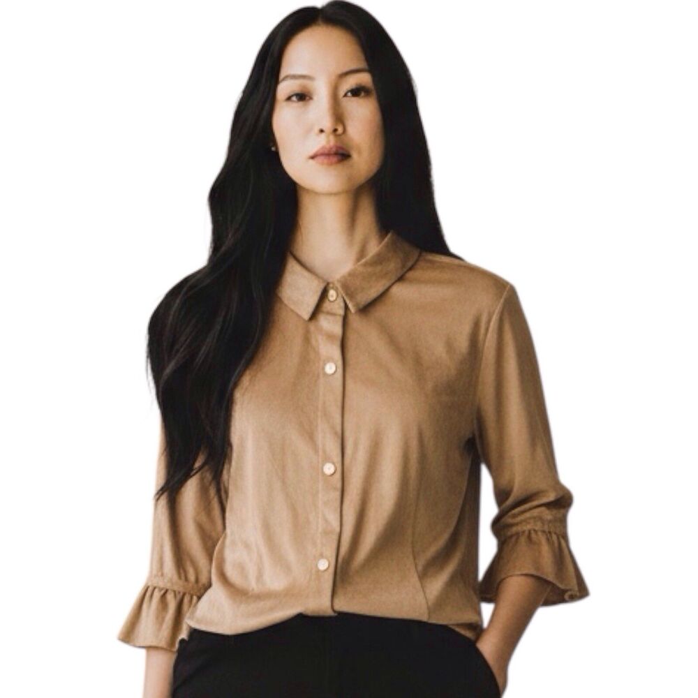 Gretchen Scott XL❤NEW❤ Ultra Suede Priss Top Beige Blouse Metal-Tone Buttons